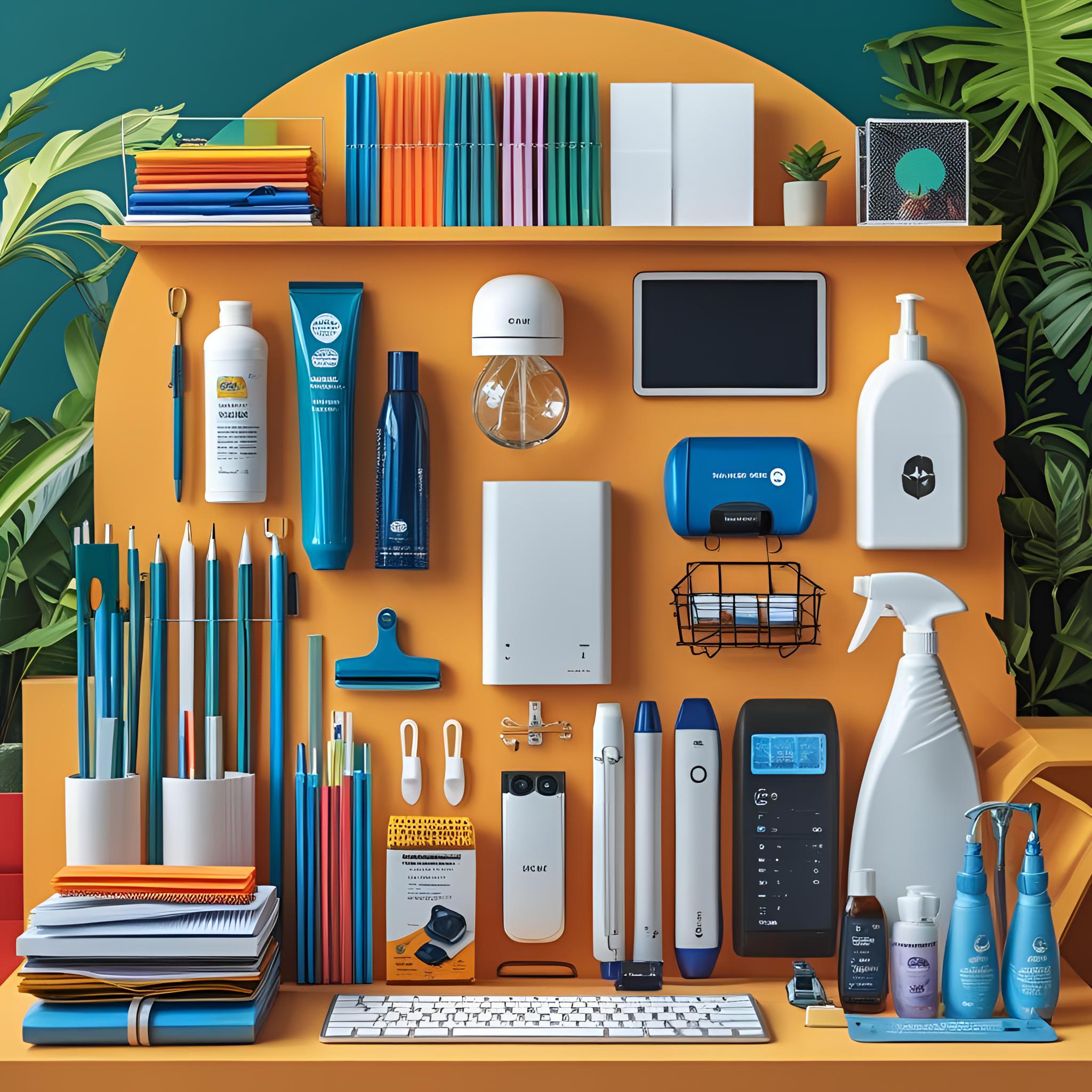 catalog cover page with office stationary, cleaning products and IT gadgets